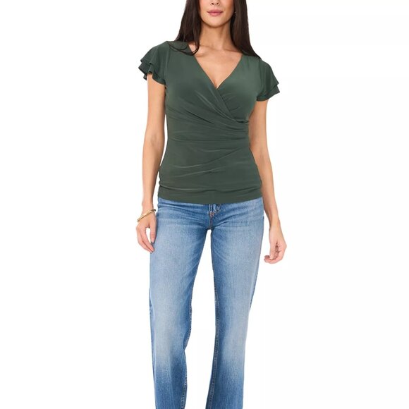 59$ VINCE CAMUTO Crossover Short Flutter Sleeve Blouse Top Size M Military Green - Picture 3 of 4
